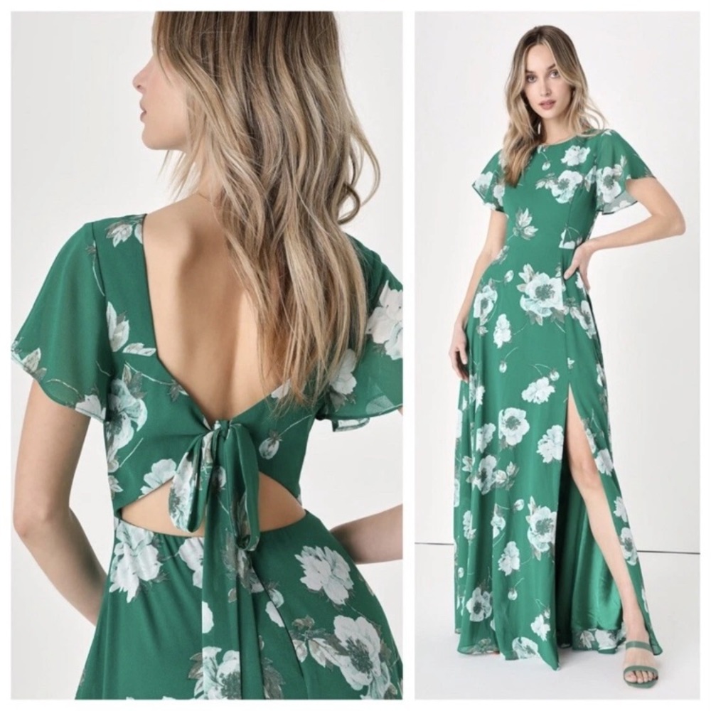 Lulu's Classic Love Green Floral Print Tie-Back Maxi Dress Vacation Size XL‎ NEW